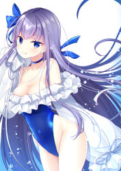 Rule 34 | absurdres, air bubble, bare shoulders, blue eyes, blue one-piece swimsuit, blue ribbon, breasts, bubble, cleavage, collar, commentary request, covered navel, fate/grand order, fate (series), floating hair, frills, hair between eyes, hair ribbon, highres, ko yu, licking lips, long hair, long sleeves, looking at viewer, medium breasts, meltryllis, meltryllis (fate), meltryllis (swimsuit lancer) (fate), meltryllis (swimsuit lancer) (second ascension) (fate), one-piece swimsuit, puffy sleeves, purple hair, ribbon, simple background, solo, swimsuit, tongue, tongue out, v-shaped eyebrows, very long hair, white background, wide sleeves