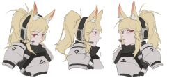 Rule 34 | 1girl, animal ear fluff, animal ears, arknights, armor, black scarf, blonde hair, breastplate, cropped torso, from side, headset, high ponytail, highres, horse ears, horse girl, implied extra ears, long hair, multiple views, nearl (arknights), parted lips, pauldrons, plate armor, ponytail, profile, red eyes, rhodes island logo (arknights), scarf, shoulder armor, simple background, sinnbunn, sketch, upper body, white background