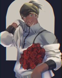 Rule 34 | 1boy, alternate color, black hair, bouquet, chromatic aberration, collared shirt, commentary request, creatures (company), dark-skinned male, dark skin, dynamax band, earrings, flower, game freak, gloves, green eyes, grey gloves, grey shirt, half-closed eyes, hand up, highres, hood, hoodie, jewelry, kago (pkmncheerz3), male focus, nintendo, off shoulder, open mouth, pokemon, pokemon masters ex, raihan (pokemon), red flower, shirt, short hair, single glove, smile, solo, teeth, upper body, white hoodie