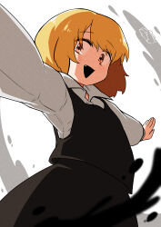 Rule 34 | 1girl, absurdres, black skirt, black vest, blonde hair, blush, collared shirt, commentary request, cowboy shot, darkness, fang, flat chest, highres, kurodani yamame, long sleeves, looking at viewer, medium hair, open mouth, outstretched arms, red eyes, rinyamame, rumia, shirt, skirt, skirt set, smile, solo, spread arms, touhou, vest, white background, white shirt
