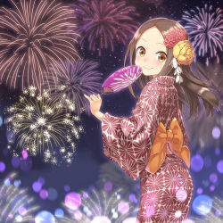 Rule 34 | 1girl, blush, bow, brown eyes, brown hair, buntan, closed mouth, commentary request, cowboy shot, fireworks, floral print, flower, forehead, from behind, hair flower, hair ornament, hand fan, hand up, highres, holding, japanese clothes, karakai jouzu no takagi-san, kimono, lens flare, light particles, long hair, looking at viewer, looking back, night, night sky, orange bow, paper fan, partial commentary, print kimono, sky, smile, solo, standing, takagi-san, yukata