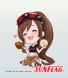 Rule 34 | 1girl, :d, black shirt, blush, boots, bread, breasts, brown footwear, brown hair, brown pants, character request, chibi, chicken (food), chicken leg, closed eyes, copyright name, copyright notice, crop top, facing viewer, food, full body, goggles, goggles on head, gradient background, grey background, heart, holding, holding food, medium breasts, midriff, navel, official art, open mouth, pants, ponytail, shirt, short sleeves, sitting, smile, solo, sunflag, tied shirt, yuko (uc yuk)