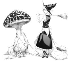 Rule 34 | 1girl, bow, broom, dress, female focus, full body, greyscale, hat, kirisame marisa, monochrome, mushroom, realistic, short hair, solo, sousou (sousouworks), touhou, witch, witch hat