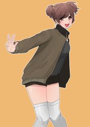 Rule 34 | 10s, 1girl, alisa (girls und panzer), bad id, bad pixiv id, black shirt, black shorts, brown eyes, brown hair, brown jacket, cowboy shot, freckles, girls und panzer, hair ornament, hao (udon), jacket, long sleeves, looking at viewer, military, military uniform, open clothes, open jacket, open mouth, orange background, saunders military uniform, shirt, short hair, short shorts, short twintails, shorts, simple background, smile, solo, standing, star (symbol), star hair ornament, thighhighs, twintails, uniform, w, white thighhighs