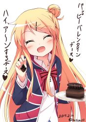 Rule 34 | 10s, 1girl, ^ ^, bassa, blonde hair, blush, bow, bowtie, cake, chocolate cake, closed eyes, collarbone, dated, english text, food, hair bun, hair ornament, heart, highres, holding, holding plate, holding spoon, incoming food, kin-iro mosaic, kujou karen, long hair, long sleeves, looking at viewer, open mouth, plate, red bow, red bowtie, shirt, single hair bun, smile, solo, spoken heart, spoon, text focus, translation request, twitter username, union jack, valentine, white shirt, x hair ornament