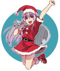 Rule 34 | 10s, 1girl, arm extended, arm up, bag, belt, boots, chaika trabant, christmas, eyebrows, hare (haaale), hat, hitsugi no chaika, jumping, long hair, looking at viewer, purple eyes, santa costume, santa hat, silver hair, solo
