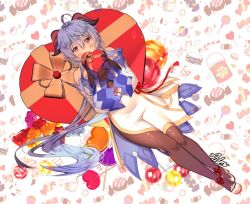 Rule 34 | 1girl, ahoge, aile (crossroads), bare shoulders, black gloves, black legwear, blue hair, blush, candy, chinese knot, chocolate, chocolate heart, commentary request, detached sleeves, flower knot, food, ganyu (genshin impact), genshin impact, gloves, gold trim, heart, high heels, holding, horns, long hair, looking at viewer, pelvic curtain, purple eyes, red rope, rope, sidelocks, sitting, smile, solo, sweets, tassel, waist cape, white day, white sleeves, wide sleeves