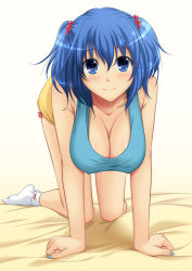Rule 34 | 1girl, all fours, bad id, bad pixiv id, bed, blue eyes, blue hair, breasts, chiro, cleavage, female focus, hair bobbles, hair ornament, hanging breasts, kawashiro nitori, large breasts, looking at viewer, matching hair/eyes, nail polish, no headwear, no shoes, on bed, short hair, shorts, smile, socks, solo, touhou, twintails, two side up, white socks