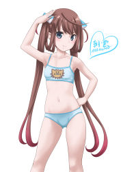Rule 34 | 1girl, asagumo (kancolle), black thighhighs, blue bra, blue panties, bow, bra, breasts, brown hair, character name, contrapposto, grey eyes, hair bow, hair ribbon, hand on own hip, highres, kantai collection, long hair, looking at viewer, navel, panties, ribbon, shirt, simple background, skirt, small breasts, solo, standing, t2r, thighhighs, twintails, underwear, underwear only, white background