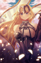 Rule 34 | 1girl, absurdres, armor, blonde hair, blue eyes, blush, chain, fate/grand order, fate (series), female focus, flag, headpiece, highres, holding, holding flag, jeanne d&#039;arc (fate), jeanne d&#039;arc (ruler) (fate), jeanne d&#039;arc (third ascension) (fate), long hair, looking at viewer, smile, solo, standard bearer