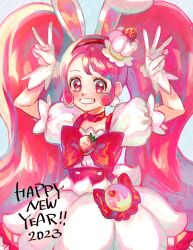 Rule 34 | 1girl, 2023, cake hair ornament, choker, commentary, cure whip, earrings, english commentary, food-themed hair ornament, food-themed ornament, fruit brooch, gloves, grin, hair ornament, happy new year, headband, highres, jewelry, kirakira precure a la mode, long hair, macaron hair ornament, magical girl, new year, pink choker, pink eyes, pink hair, pom pom (clothes), pom pom earrings, pouch, precure, smile, solo, twintails, usami ichika, v, white gloves, yuki inu