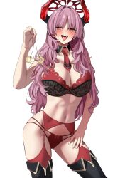 Rule 34 | 1girl, bare shoulders, blue archive, blush, bra, breasts, cleavage, coin, garter belt, halo, highres, holed coin, hypnosis, large breasts, long hair, looking at viewer, mind control, navel, necktie, open mouth, panties, pendulum, pink eyes, pink hair, red garter straps, red necktie, ryou (ryoutarou), satsuki (blue archive), smile, solo, thighhighs, thighs, tongue, tongue out, underwear, white background
