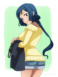 Rule 34 | 10s, 1girl, @@@, apron, arrow (symbol), ass, bad id, bad pixiv id, blue hair, breasts, denim, denim shorts, from behind, green eyes, gundam, gundam build fighters, iori rinko, large breasts, lipstick, long hair, looking back, makeup, mature female, outside border, ponytail, shorts, smile, solo, sweater