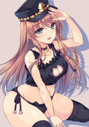 Rule 34 | 10s, 1girl, :o, arm up, bare arms, bare shoulders, beige background, bell, between legs, black bra, black panties, black thighhighs, blue eyes, blush, bra, braid, breasts, cat cutout, cat ear panties, cat lingerie, choker, cleavage, cleavage cutout, clothing cutout, collarbone, curvy, emblem, frill trim, frilled bra, frills, granblue fantasy, hair ribbon, hand between legs, hat, hip focus, jingle bell, lecia (granblue fantasy), long hair, looking at viewer, low-tied long hair, meme attire, midriff, navel, open mouth, orange hair, panties, peaked cap, pom pom (clothes), ribbon, salute, sena chifuyu, side-tie panties, side braid, silhouette, simple background, single braid, sitting, solo, spread legs, stomach, thighhighs, thighs, underwear, very long hair, wariza, wide hips