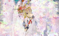 Rule 34 | 1girl, abstract, behind cover, blonde hair, brush strokes, closed mouth, collared shirt, elbow gloves, expressionless, gloves, hat, hat ribbon, kana anaberal, neck ribbon, puffy short sleeves, puffy sleeves, red ribbon, ribbon, shirt, short hair, short sleeves, solo, touhou, tsukamoto anabone, upper body, white gloves, yellow eyes