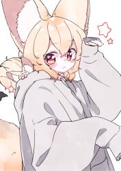 Rule 34 | 1girl, :3, animal, animal ear fluff, animal ears, animal in clothes, arm up, blonde hair, blush, creature and personification, drawstring, fennec fox, fox ears, fox girl, fox tail, hair between eyes, highres, hood basket, large ears, long sleeves, looking at viewer, megateru, original, puffy long sleeves, puffy sleeves, rabbit pose, red eyes, simple background, sleeping animal, sleeves past fingers, sleeves past wrists, solo, star (symbol), tail, upper body, white background