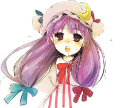 Rule 34 | 1girl, blush, crescent, crescent hat ornament, female focus, hat, hat ornament, long hair, open mouth, patchouli knowledge, purple hair, saliva, simple background, sketch, solo, touhou, upper body, usa (artist), usaki (ama)