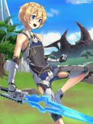Rule 34 | 1girl, androgynous, blonde hair, blue eyes, blush, day, energy sword, female focus, flat chest, gauntlets, grass, highres, holding, holding sword, holding weapon, iris (ryou@ryou), open mouth, original, phantasy star, phantasy star online 2, ryou@ryou, short hair, sleeveless, solo, sword, twitter username, weapon