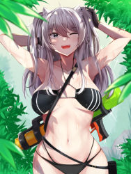 Rule 34 | 1girl, animal ears, armpits, bikini, black bikini, breasts, collarbone, commentary request, grey hair, hololive, irohara, lion ears, lion girl, long hair, looking at viewer, medium breasts, navel, one eye closed, open mouth, shishiro botan, solo, swimsuit, teeth, upper teeth only, virtual youtuber, water gun, wet, wet clothes, wet hair, wet swimsuit