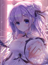 Rule 34 | 1girl, ahoge, asymmetrical bangs, azur lane, backlighting, blush, breasts, cleavage, closed mouth, collarbone, commentary, detached collar, dress, earrings, flower, hair bun, hair flower, hair ornament, highres, indoors, jewelry, large breasts, light particles, light purple hair, long hair, looking at viewer, off-shoulder dress, off shoulder, ornate ring, outstretched hand, parted bangs, poco., purple eyes, ring, side bun, single hair bun, single side bun, smile, solo, unicorn (a dream of pure vows) (azur lane), unicorn (azur lane), upper body, wedding dress, wedding ring, white dress, window