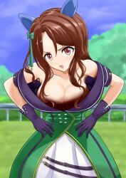 Rule 34 | 1girl, absurdres, animal ears, bare shoulders, blurry, blurry background, blush, bow, breasts, brown hair, cleavage, cloud, downblouse, green bow, hair bow, hair ornament, highres, horse ears, horse girl, king halo (umamusume), large breasts, leaning forward, long hair, looking at viewer, motion lines, no bra, off shoulder, open mouth, outdoors, rakugakituru77, red eyes, shadow, sky, solo, umamusume