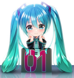 Rule 34 | 1girl, arm support, bad id, bad pixiv id, bare shoulders, black sleeves, blue eyes, blue hair, blue nails, blush, chibi, closed mouth, collared shirt, commentary request, detached sleeves, fingernails, gradient hair, green hair, green necktie, grey shirt, hair ornament, hands up, hatsune miku, long sleeves, looking at viewer, multicolored hair, nail polish, necktie, reflection, shirt, sleeveless, sleeveless shirt, smile, solo, tie clip, twintails, upper body, vocaloid, white background, wide sleeves, yuuka nonoko