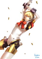 Rule 34 | 1girl, absurdres, aegis (persona), arms up, blonde hair, blue eyes, bodysuit, dutch angle, highres, joints, kayanogura, mechanical parts, persona, persona 3, ribbon, robot joints, shell casing, short hair, solo, white background