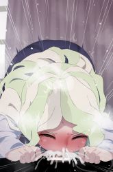 Rule 34 | 1boy, 1girl, absurdres, bar censor, blush, censored, closed eyes, commission, cum, cum in mouth, cum in nose, deepthroat, diana cavendish, ejaculation, erection, fellatio, hetero, highres, light green hair, little witch academia, long hair, mizumizuni, multicolored hair, nose blush, oral, penis, saliva, skeb commission, solo focus, two-tone hair, v-shaped eyebrows, x-ray