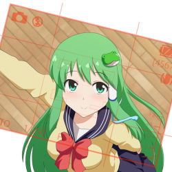 Rule 34 | 1girl, alternate costume, arm behind back, arm up, blue sailor collar, blue skirt, bow, bowtie, cato (monocatienus), dutch angle, foreshortening, frog hair ornament, from above, green eyes, green hair, hair between eyes, hair ornament, hair tubes, kochiya sanae, long hair, long sleeves, looking at viewer, red bow, red bowtie, sailor collar, school uniform, selfie, serafuku, skirt, smile, snake hair ornament, solo, standing, touhou, upper body, very long hair, viewfinder, wooden floor, yellow serafuku