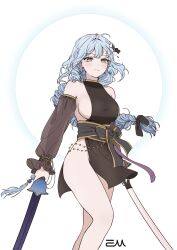 Rule 34 | 1girl, absurdres, bare legs, bare shoulders, black dress, blue hair, bow, braid, breasts, closed mouth, commission, detached sleeves, dress, dual wielding, feet out of frame, gold trim, hair bow, highres, holding, holding sword, holding weapon, large breasts, long hair, long sleeves, looking at viewer, no bra, no panties, original, pelvic curtain, sash, see-through, see-through sleeves, sideboob, single braid, sleeveless, sleeveless dress, solo, standing, sword, taesseung, taut clothes, taut dress, thighs, weapon, yellow eyes