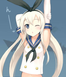 Rule 34 | 10s, 1girl, ;o, arm up, arms up, black neckerchief, blonde hair, blue eyes, blush, elbow gloves, gloves, hair ribbon, hairband, kantai collection, km yama, long hair, looking at viewer, navel, neckerchief, one eye closed, open mouth, personification, ribbon, shimakaze (kancolle), solo, stretching, upper body, white gloves, wink