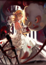 Rule 34 | 10s, 1girl, :q, alternate costume, blonde hair, bouquet, charlotte (madoka magica), creature, dress, drill hair, elbow gloves, flower, gloves, gun, lily (flower), looking at viewer, looking back, mahou shoujo madoka magica, mahou shoujo madoka magica (anime), petals, red flower, red rose, rifle, rifsom, rose, short hair, tomoe mami, tongue, tongue out, twin drills, twintails, weapon, wedding dress, white gloves, yellow eyes