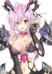 Rule 34 | 1girl, absurdres, ahoge, bad id, bad pixiv id, bare shoulders, breasts, bustier, choker, cleavage, collarbone, demon horns, detached sleeves, earrings, eyes visible through hair, hair over one eye, tucking hair, highres, horn ornament, horns, jewelry, kanengomi, looking at viewer, medium breasts, navel, open mouth, oscurol (shironeko project), pink hair, pointy ears, purple eyes, shironeko project, short hair, smile, solo, strapless, swept bangs, upper body, white background