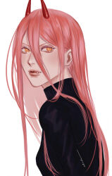 Rule 34 | 1girl, absurdres, black sweater, breasts, chainsaw man, cross-shaped pupils, demon girl, demon horns, fang, highres, horns, long hair, looking at viewer, ndsoda, pink hair, pink lips, power (chainsaw man), red pupils, small breasts, straight hair, sweater, symbol-shaped pupils, turtleneck, turtleneck sweater, upper body, yellow eyes
