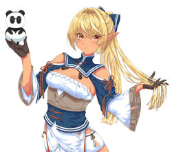 Rule 34 | 1girl, absurdres, black gloves, blonde hair, blue bow, bow, breasts, center opening, cleavage, closed mouth, clothing cutout, commentary, cowboy shot, crossed bangs, dark-skinned female, dark skin, expressionless, flower knot, gloves, gurenngi, hair between eyes, hair bow, hair intakes, half gloves, half updo, highres, hip vent, holding, holding hair, hololive, kintsuba (shiranui flare), long hair, looking at viewer, medium breasts, multicolored hair, orange eyes, pointy ears, shiranui flare, shiranui flare (old design), shoulder cutout, simple background, solo, streaked hair, tassel, two-tone hair, underbust, virtual youtuber, white background, wide sleeves