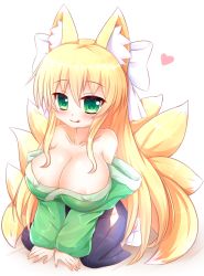 Rule 34 | 1girl, animal ears, areola slip, bare shoulders, blonde hair, blush, borrowed character, breasts, cleavage, collarbone, covered erect nipples, female focus, fox ears, fox girl, fox tail, green eyes, hair ornament, hair ribbon, japanese clothes, kane-neko, kneeling, large breasts, licking lips, looking at viewer, multiple tails, no bra, original, ribbon, simple background, smile, socks, solo, tail, tongue, tongue out, white background, white socks