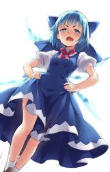 Rule 34 | &gt;:o, 1girl, :o, blue dress, blue eyes, blue hair, blush, bow, breasts, cirno, dress, hair bow, hands on own hips, highres, ice, ice wings, looking at viewer, oborofu, open mouth, puffy short sleeves, puffy sleeves, red ribbon, ribbon, short hair, short sleeves, small breasts, solo, touhou, v-shaped eyebrows, wings