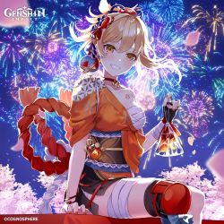 Rule 34 | 1girl, absurdres, artist request, bandaged leg, bandages, blonde hair, breasts, cherry blossoms, chest sarashi, choker, clenched teeth, company name, copyright name, copyright notice, fingerless gloves, fireworks, fish, genshin impact, gloves, hadanugi dousa, hair ornament, hand up, highres, japanese clothes, kimono, looking at viewer, medium breasts, obi, official art, open clothes, open kimono, petals, red choker, rope, sarashi, sash, shimenawa, single fingerless glove, sitting, smile, solo, teeth, thighs, vision (genshin impact), yellow eyes, yoimiya (genshin impact)