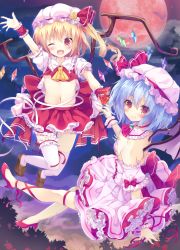 Rule 34 | 2girls, alternate costume, bat wings, blonde hair, bow, breasts, cleavage, crystal, dress, fang, flandre scarlet, full moon, glass, hat, highres, kinokomushi, light purple hair, looking at viewer, looking back, midriff, mob cap, moon, multiple girls, navel, one eye closed, open mouth, puffy short sleeves, puffy sleeves, red eyes, red moon, remilia scarlet, short sleeves, siblings, sisters, smile, strapless, strapless dress, embodiment of scarlet devil, thighhighs, touhou, wings, wrist cuffs