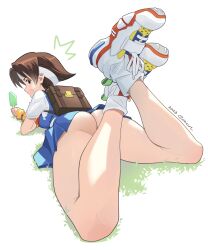 Rule 34 | 1girl, ^^^, ass, backpack, bag, bare legs, blue skirt, blue vest, blush, breasts, brown eyes, brown hair, cacn, commentary, convenient leg, crossed legs, dated, food, from behind, full body, headband, highres, holding, holding food, holding popsicle, justice gakuen, knees apart feet together, looking at viewer, looking back, medium breasts, miniskirt, open mouth, popsicle, school uniform, shirt, shoes, short hair, short sleeves, signature, simple background, skirt, sneakers, socks, solo, sweatdrop, vest, wakaba hinata, white background, white footwear, white headband, white shirt, white socks