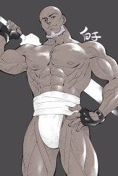Rule 34 | 1boy, abs, bald, bara, beard, biceps, bulge, character request, copyright request, dark-skinned male, dark skin, facial hair, feet out of frame, fingerless gloves, gloves, highres, large pectorals, loincloth, looking at viewer, male focus, mature male, midriff sarashi, muscular, muscular male, nipples, over shoulder, pectorals, sarashi, shirako (kirupi), short hair, smile, solo, stomach, sword, sword over shoulder, thick thighs, thighs, topless male, veins, weapon, weapon over shoulder