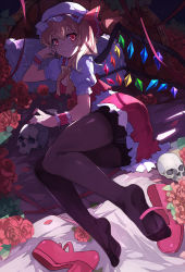 Rule 34 | 1girl, absurdres, bed sheet, black pantyhose, blonde hair, blush, crotch seam, artistic error, fang, fang out, feet, flandre scarlet, flower, hat, highres, legs, looking at viewer, lying, mary janes, nail polish, on side, panties, panties under pantyhose, pantyhose, pillow, red eyes, red flower, red rose, rose, shoes, unworn shoes, short hair, side ponytail, skull, smile, solo, thighs, touhou, underwear, wings, wrist cuffs, wrong foot, zhuxiao517