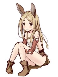 Rule 34 | 1girl, animal ears, backless outfit, bare legs, belt, blonde hair, blush, boots, bridal gauntlets, collarbone, elbow gloves, erun girl, erune, flat chest, gloves, granblue fantasy, green eyes, hugging own legs, knees together feet apart, knees up, long hair, looking at viewer, parted bangs, side slit, simple background, sitting, smile, solo, souryuu (double dragon), white background