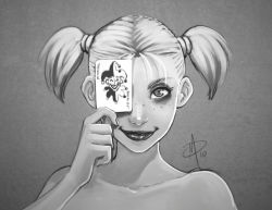 Rule 34 | 1girl, bare shoulders, card, collarbone, dc comics, freckles, greyscale, harley quinn, joker (playing card), lips, looking at viewer, monochrome, playing card, polarityplus, smile, solo, twintails, upper body