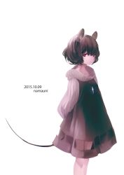 Rule 34 | 1girl, adapted costume, animal ears, arms behind back, artist name, dated, dress, grey hair, highres, jewelry, long sleeves, looking at viewer, mouse ears, mouse tail, namauni, nazrin, necklace, red eyes, resolution mismatch, short hair, simple background, solo, source larger, tail, touhou, white background