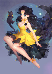 Rule 34 | 1girl, :3, animal, ankle ribbon, bare arms, bare shoulders, barefoot, bishoujo senshi sailor moon, black hair, blue eyes, bow, breasts, cat, choker, cleavage, closed mouth, corsage, crescent, crescent earrings, crescent facial mark, double bun, dress, dual persona, earrings, eating, facial mark, floating hair, forehead mark, full body, hair bun, heart, heart background, invisible chair, jewelry, leg ribbon, light particles, long hair, looking at viewer, luna (sailor moon), luna (sailor moon) (human), medium breasts, paw print, ribbon, see-through, sitting, sleeveless, sleeveless dress, smile, star (symbol), truelion, very long hair, wavy hair, yellow bow, yellow dress