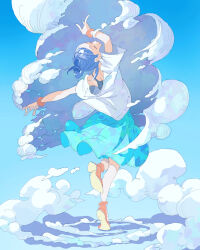 Rule 34 | 1girl, absurdres, arm up, blue hair, blue skirt, blue sky, bracelet, camisole, closed eyes, cloud, day, facing up, from behind, full body, grey camisole, highres, jewelry, original, pomodorosa, shirt, shoes, short sleeves, skirt, sky, smoke, socks, solo, standing, standing on one leg, white shirt, white socks, wristband