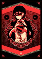 Rule 34 | 1girl, absurdres, bad id, bad pixiv id, beige, black hair, black necktie, black theme, blunt bangs, crescent, cyclops, dc comics, flower ornament, framed, highres, jitome, limited palette, looking at viewer, necktie, nonumberless, one-eyed, open clothes, open shirt, original, red eyes, red theme, shirt, solo, star (symbol), sun, superman, superman (series), upper body