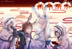 Rule 34 | 2020, 2girls, 2others, amiya (arknights), animal ears, arknights, artist name, ascot, black jacket, blue ascot, blue eyes, blue sash, blush, brown hair, chinese commentary, frostnova (arknights), fur-trimmed hood, fur trim, gloves, grey eyes, hair over one eye, highres, hood, hood down, hood up, jacket, japanese clothes, kimono, long hair, making-of available, moyu marginal, multiple girls, multiple others, obi, open clothes, open jacket, open mouth, painttool sai (medium), ponytail, rabbit ears, sash, smile, upper body, white gloves, white hair, white jacket, white kimono