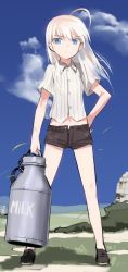 Rule 34 | 1girl, aged down, ahoge, angry, blue eyes, carrying, cloud, container, day, hand on own hip, hanna-justina marseille, hip focus, long hair, looking at viewer, milk, milk jug, scratches, shimada fumikane, shorts, sky, solo, strike witches, white hair, witches of africa, world witches series